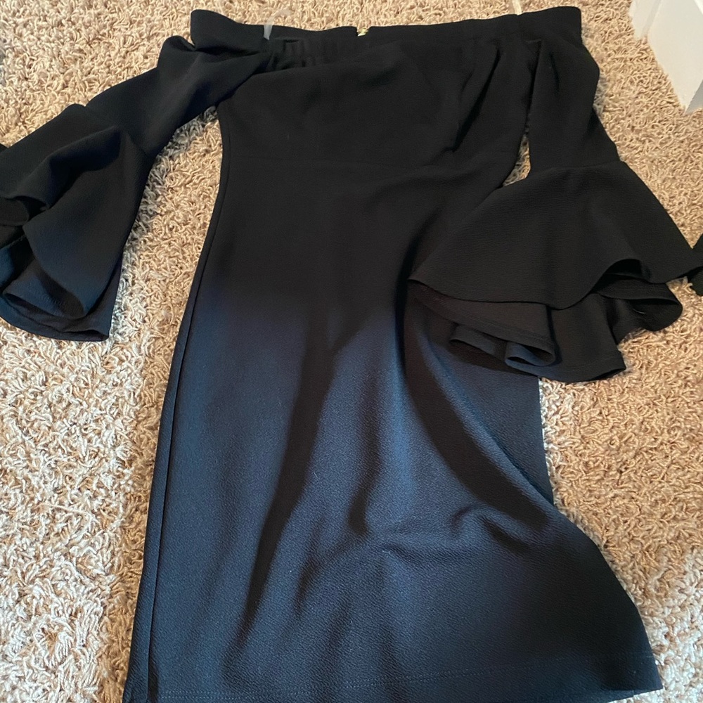 Black ruffle sleeve body con dress